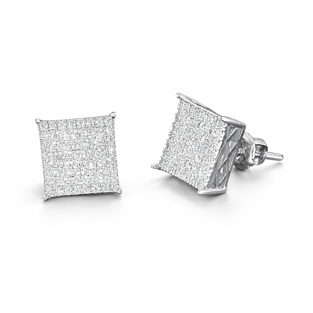Square Pavé Moissanite Stud Earrings – 925 Sterling Silver, Iced Look, GRA Certified