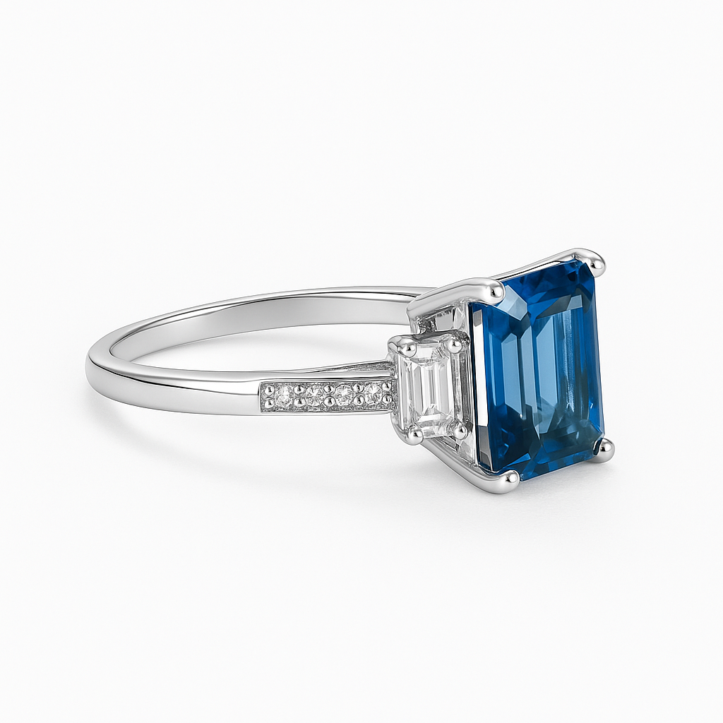 Emerald-Cut Blue 5A Zirconia Ring – 925 Sterling Silver | Sizes 4–9