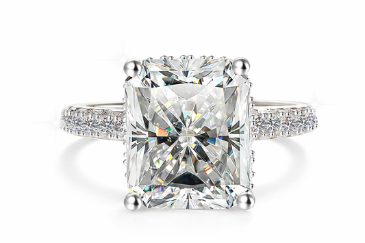 Radiant Cut Moissanite Engagement Ring – 925 Sterling Silver, Pavé Band, Gold Plated Option