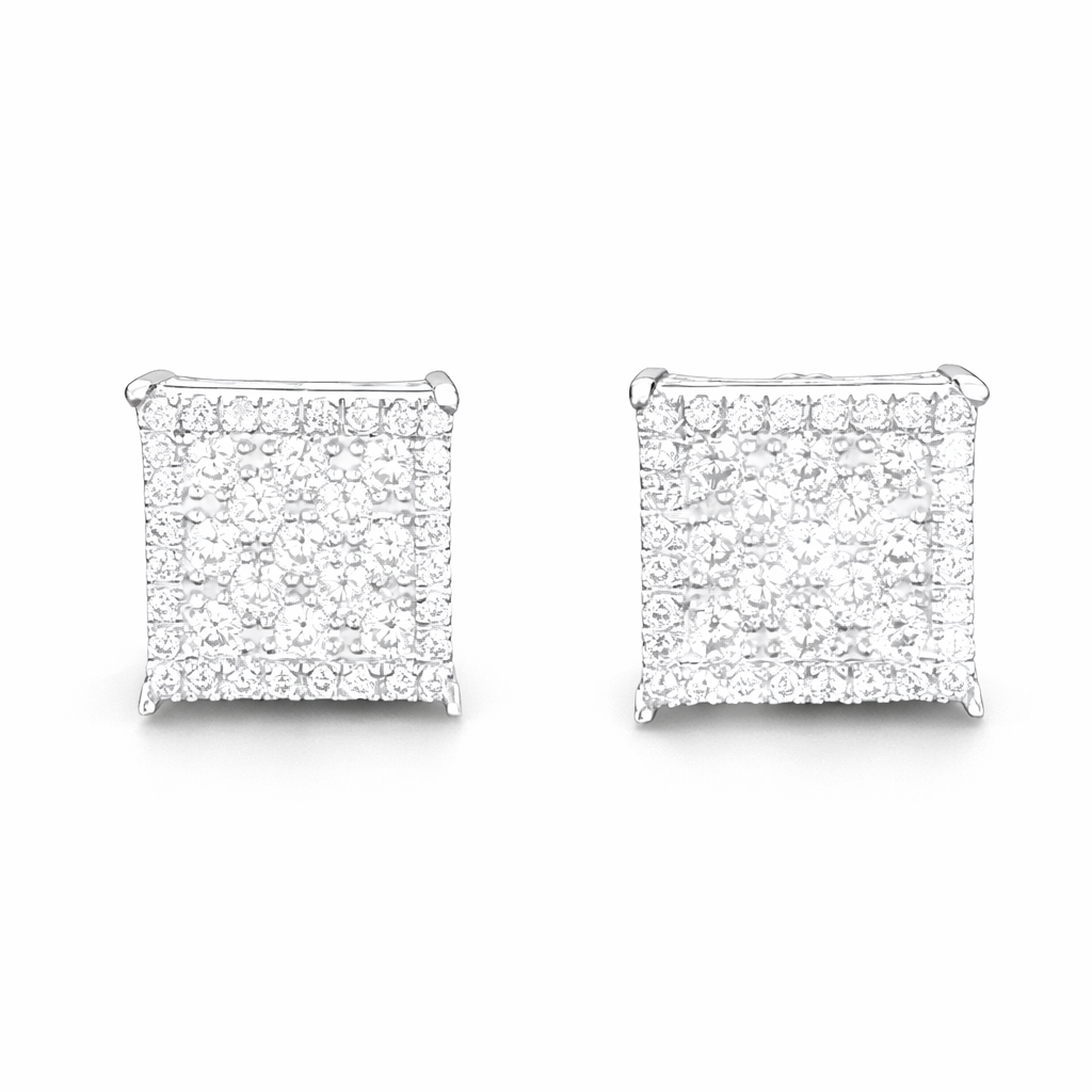 Square Pavé Moissanite Stud Earrings – 925 Sterling Silver, Iced Look, GRA Certified