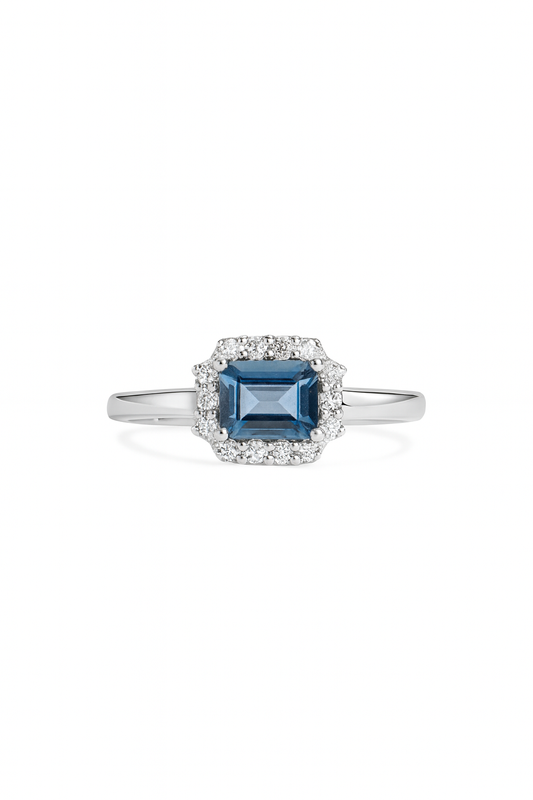 Emerald-Cut Blue Halo 5A Zirconia Ring – 925 Sterling Silver | Sizes 4–9